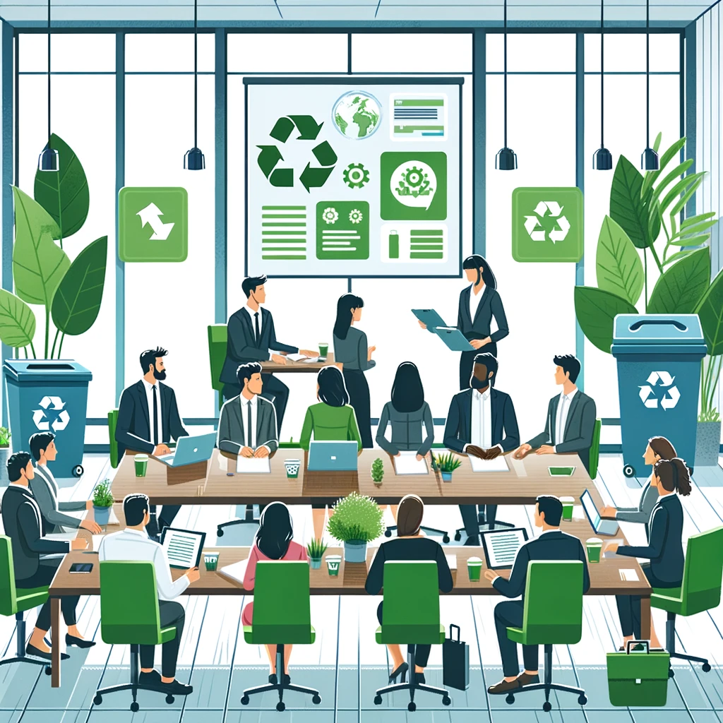 DALL·E 2024-03-25 18.10.40 – Illustrate a group of diverse office workers gathered around a large conference table, engaging in a discussion about sustainable work practices. The