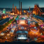 DALL·E 2024-05-19 21.20.43 – A vibrant festival scene at night in the Ruhrgebiet, featuring illuminated industrial landmarks, colorful lights, and crowds of people enjoying variou