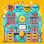 DALL·E 2024-06-17 10.25.26 – A modern, playful vector image showing a tidy workspace, with symbols representing the 5S Method and Continuous Improvement Process (KVP). The design
