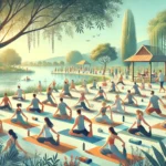 DALL·E 2024-06-20 14.11.06 – A serene scene celebrating the International Day of Yoga. In the foreground, people of various ages and backgrounds are practicing yoga on mats in a p
