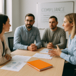 Team diskutiert im Besprechungsraum über Compliance-Themen; ibp.Orange Notizbuch auf dem Tisch