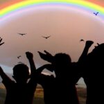 world children's day, fixed, to celebrate, rainbow, children, silhouettes, people, nature, pleasure, group, enthusiasm, girl, cheers, light, seem, together, community, silhouette, boy, colour, birds, atmospheric, right, worldwide, children's rights, unicef, united nations, children's day
