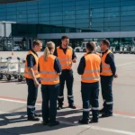 Arbeitsplatzszene im Flughafen-Bereich: eine Gruppe von Mitarbeitenden steht in orangefarbenen