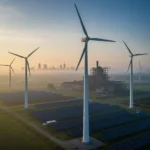 EU Klimaziele 2040: Ringen um 90 Prozent Reduktion – Einigung in letzter Minute Blick über eine europäische Industrielandschaft bei Sonnenaufgang. Im Vordergrund Windräder