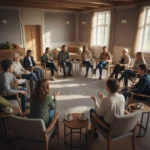 Ein Bürgersaal oder Jugendzentrum mit Stuhlkreis, in dem junge Erwachsene