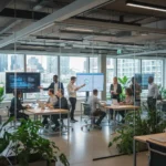 Ein Co-Working-Space mit offener Raumstruktur, Glaswänden und Pflanzen. Menschen unterschiedlichen