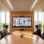 Ein hybrides Team-Meeting: Drei Personen sitzen im hellen Konferenzraum vor