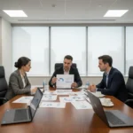 Ein Konferenzraum in einem wirtschaftspolitischen Institut. Drei Ökonomen sitzen an