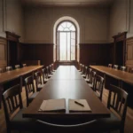 Ein leerer Sitzungssaal mit langen Holztischen, leeren Stühlen und einem