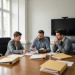 Ein sachlicher Besprechungsraum mit hellen Wänden, grossem Holztisch und Aktenordnern.