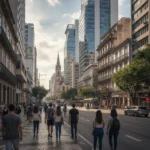 Eine belebte brasilianische Innenstadt mit moderner Architektur und älteren Gebäuden