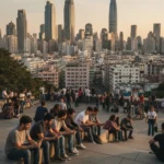 Welttag der Bevölkerung 2025: Prognosen, 8,2 Milliarden und die Zukunft der Jugend Eine weite Stadtansicht in der Dämmerung, Hochhäuser und Wohnviertel mit