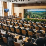Weltklimakonferenz COP30 in Belém Eröffnung zwischen guter Stimmung und harten Konflikten Grosser Konferenzsaal mit internationalem Publikum, Reihen aus Holz und Metall,