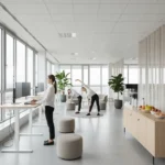 Grosszuegiger Unternehmensraum mit klarer Lichtfuehrung, in dem mehrere Mitarbeitende ruhige