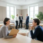 UNiTE Kampagne: Gewalt gegen Frauen und Mädchen beenden bis 2030 | UN Women Heller Begegnungsraum in einem sozialen Beratungszentrum, in dem mehrere Erwachsene