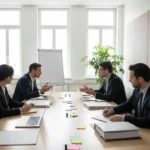 Heller Besprechungsraum mit rechteckigem Holztisch, an dem mehrere Mitarbeitende in