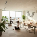 Heller Mehrzweckraum im Unternehmen, ausgestattet mit ergonomischen Arbeitsmoebeln und einem