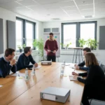 Heller Seminarraum in einem gewerkschaftlichen Bildungszentrum, mit grossen Fenstern und