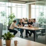 Helles Buero mit grosszuegigen Fenstern, weiches Tageslicht auf schlichten Holztischen.
