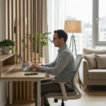 Helles, modernes Homeoffice-Setting in einer urbanen Wohnung, weiches Tageslicht faellt