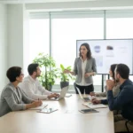 In einem modernen Seminarraum sitzen vier bis fünf Mitarbeitende in