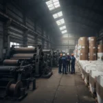 Innenraum einer Papierfabrik mit stillstehenden Maschinenreihen und Stapeln grosser Papierrollen.