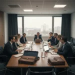 Konferenzraum im Regierungsstil mit langen Holztafeln, gedeckten Farben und sanftem