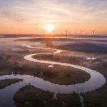 Das Pariser Klimaabkommen: Ziele, Bedeutung und internationale Umsetzung des Klimavertrags Landschaftsaufnahme: Blick auf ein Flussdelta bei Sonnenaufgang, Nebel über Wasser
