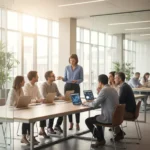 Modernes Grossraumbuero mit offener, heller Architektur. Eine diverse Gruppe von