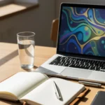 Tisch mit Laptop, daneben Notizbuch, Stift und Glas Wasser. Auf