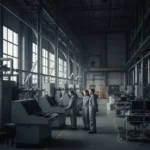 Weitlaeufiger Produktionsbereich eines Chemiewerks mit hohen Stahltraversen und gedimmtem Kunstlicht,