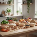 Zukunft der Ernährung: Gesund und nachhaltig essen – geht das? Ein heller Esstisch mit saisonalen, pflanzlichen Lebensmitteln: frisches Gemüse, Hülsenfrüchte,