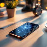 Mitbestimmung des Betriebsrats bei der Einführung von Plattformarbeitssystemen Smartphone mit abstrakten Netzwerk-Linien auf Schreibtisch, Symbolbild für Mitbestimmung bei Plattformarbeitssystemen