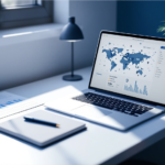 Datenschutz und Betriebsrat: Überwachung digitaler Plattformarbeit Laptop mit abstrakten Datenpunkten und Karten-Pins auf dem Bildschirm, Symbolbild für Datenschutz und Überwachung in der Plattformarbeit