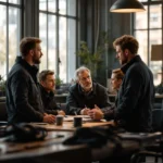Mitbestimmung des Betriebsrats bei Leiharbeit und Zeitarbeit: Rechte, Grenzen und Grundlagen Betriebsratsmitglieder und Beschäftigte im Gespräch am Werktisch in einer Industriearbeit